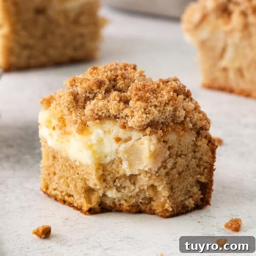 Homemade Apple Cream Cheese Coffee Cake Recipe 8 a close up of a piece of cake.