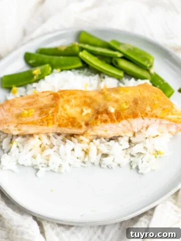 miso butter salmon on a white plate over rice with edamame