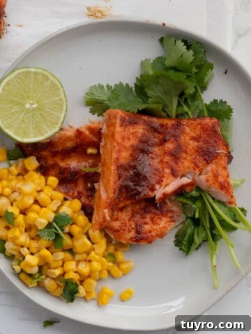 chili lime salmon on a white plate with corn and a lime