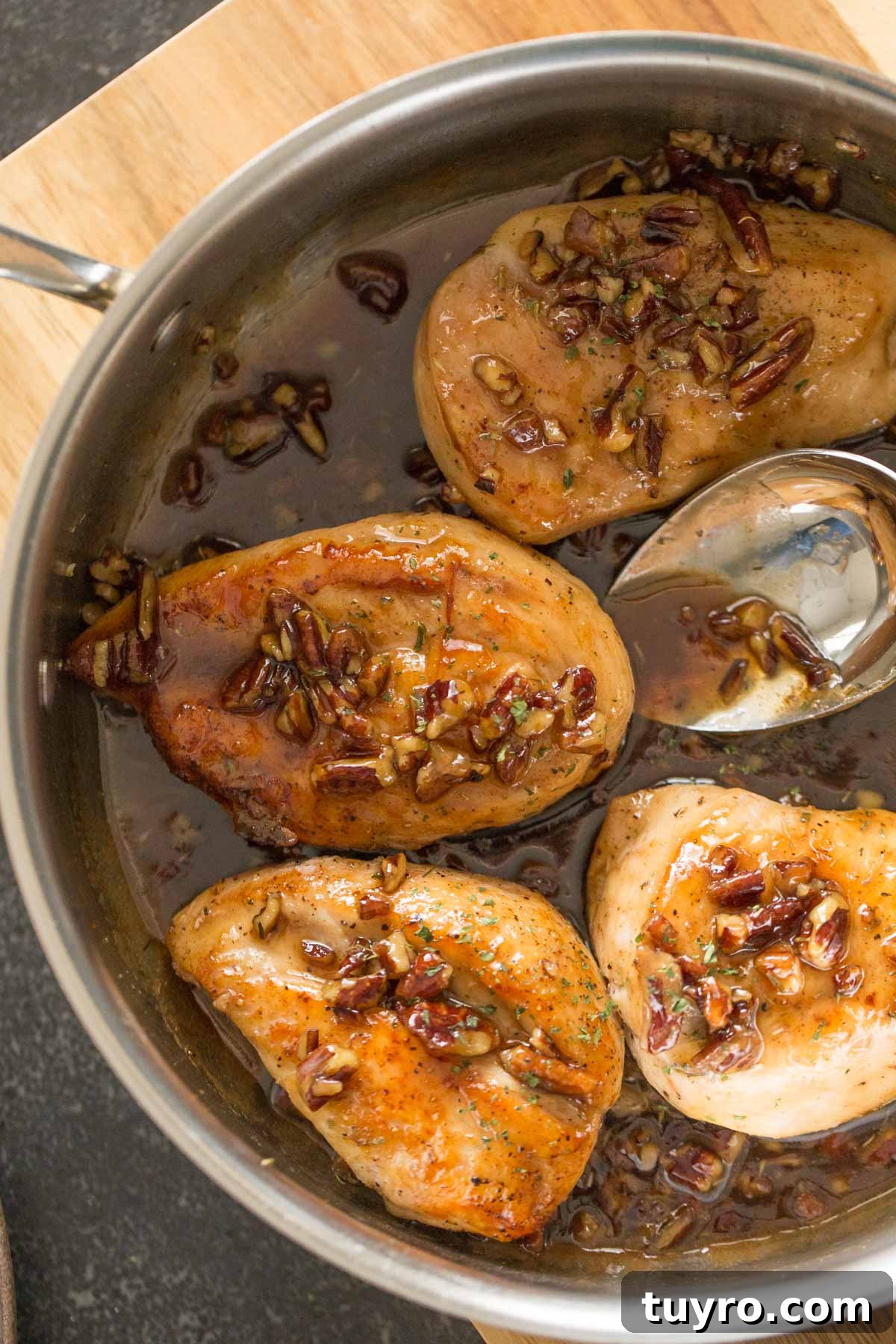 Butter Pecan Chicken Recipe with Crispy Pan-Seared Chicken and Maple Glaze 5 Overhead view of Butter Pecan Chicken in a skillet.