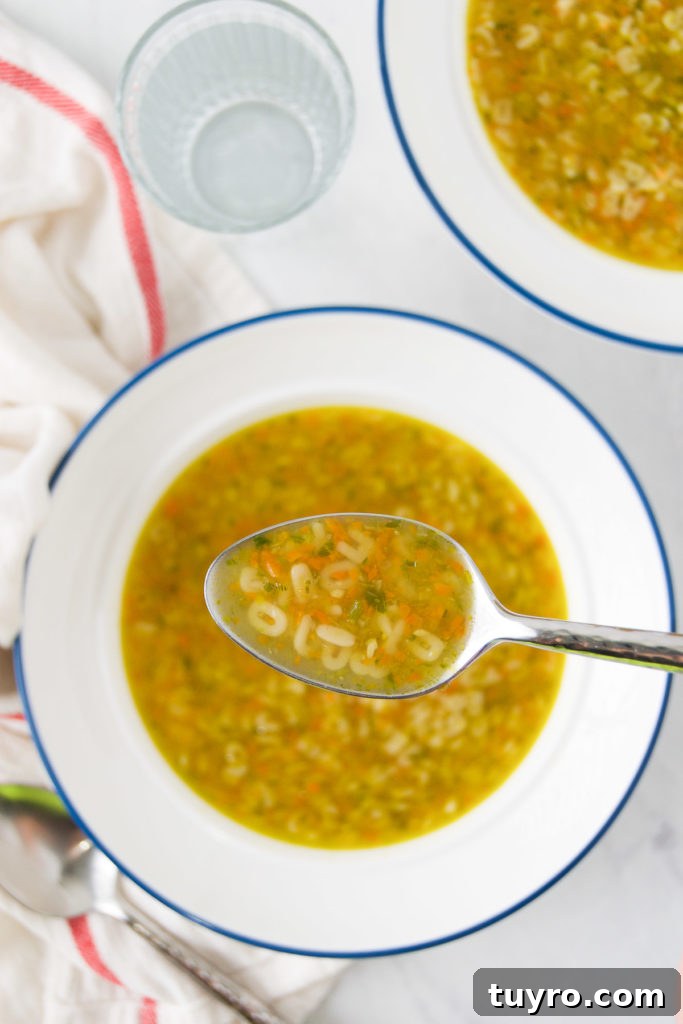Classic Alphabet Soup Recipe with Homemade Broth and Tender Pasta 2 A spoonful of Alphabet Soup is lifted from a bowl
