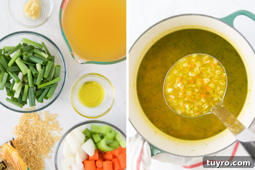 Classic Alphabet Soup Recipe with Homemade Broth and Tender Pasta 3 Collage showing soup ingredients in bowls and a ladle full of alphabet soup
