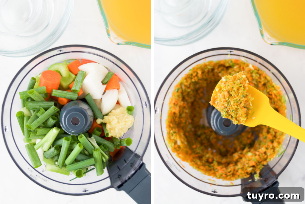 Classic Alphabet Soup Recipe with Homemade Broth and Tender Pasta 4 A collage showing veggies before and after they're processed in a food processor