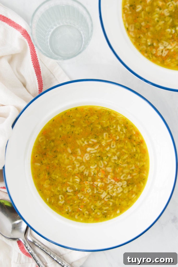 Classic Alphabet Soup Recipe with Homemade Broth and Tender Pasta 5 Two bowls of homemade Alphabet Soup on marble