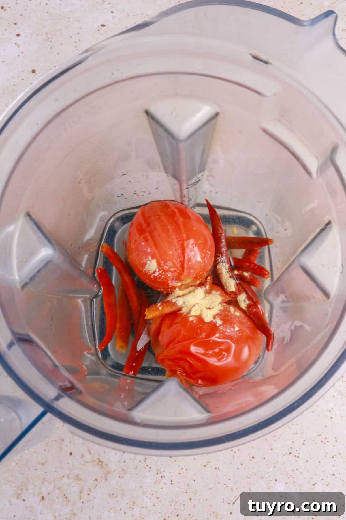 Spicy Chile de Árbol Tomato Salsa 5 chiles de arbol, tomatoes and garlic powder in a blender