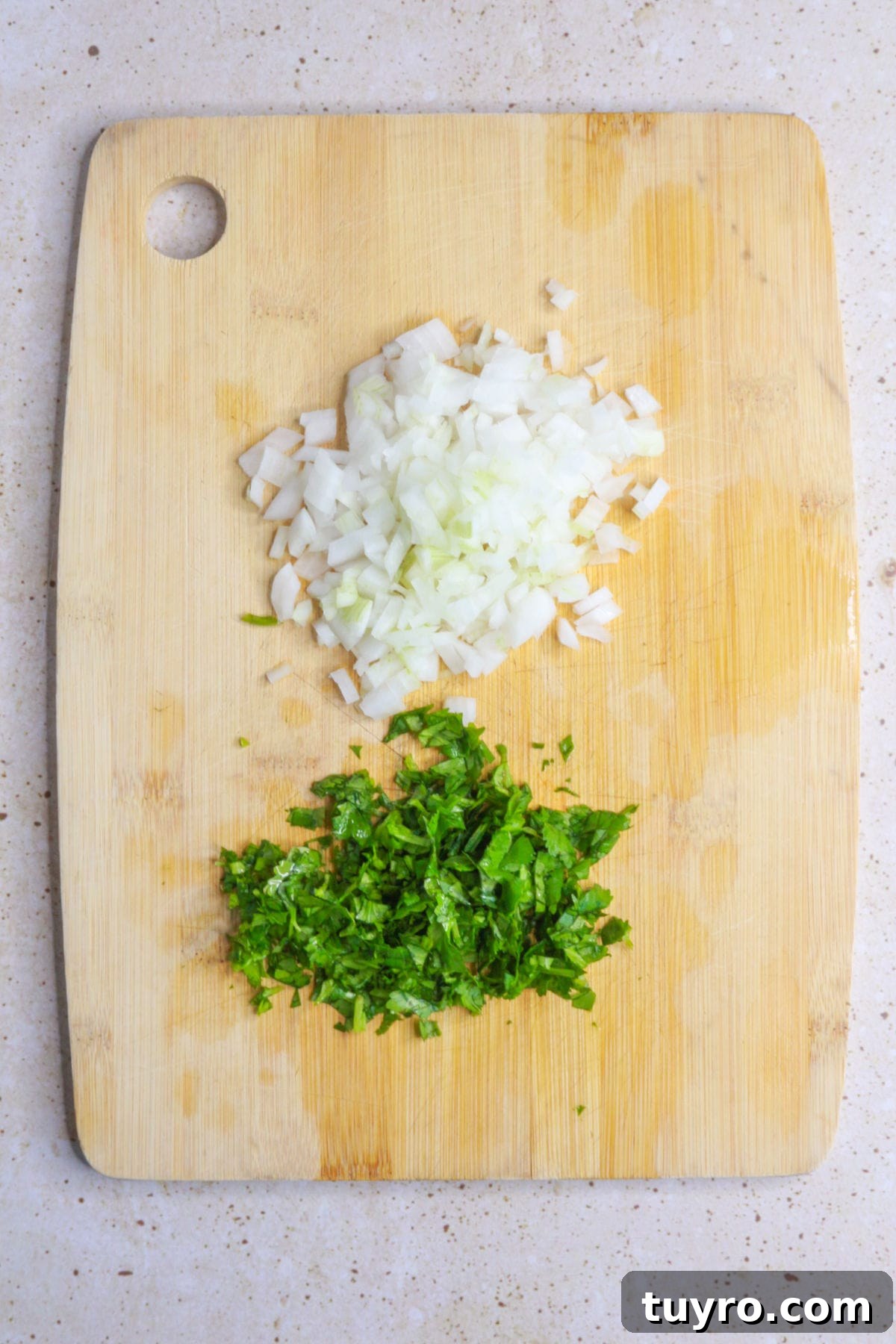 Spicy Chile de Árbol Tomato Salsa 7 diced cilantro and onion on a wooden cutting board