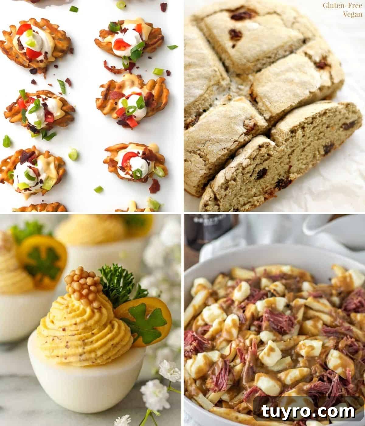 St Patricks Day Appetizers for a Festive Party 2 St. Patricks Day appetizer graphic with waffle fries, soda bread, poutine and deviled eggs.