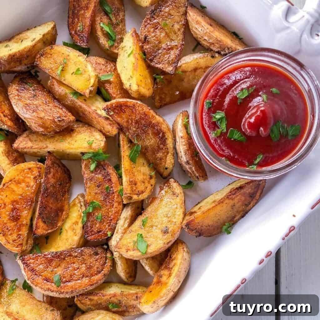 St Patricks Day Appetizers for a Festive Party 6 Crispy oven baked potato wedges in a white dish with ketchup.