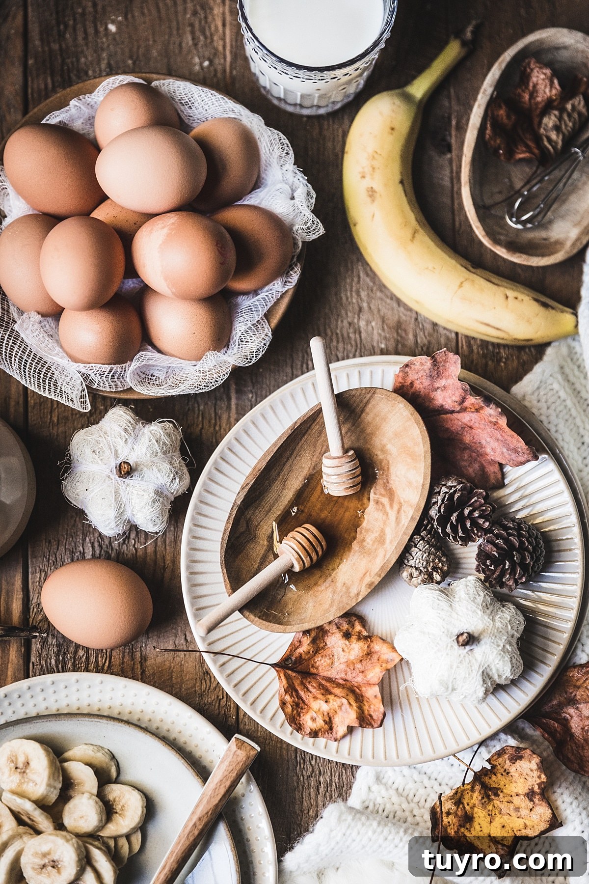 2-Ingredient Banana Pancakes: Egg & Banana Recipe 10 styled shot of eggs, bananas, honey, creamy autumn details