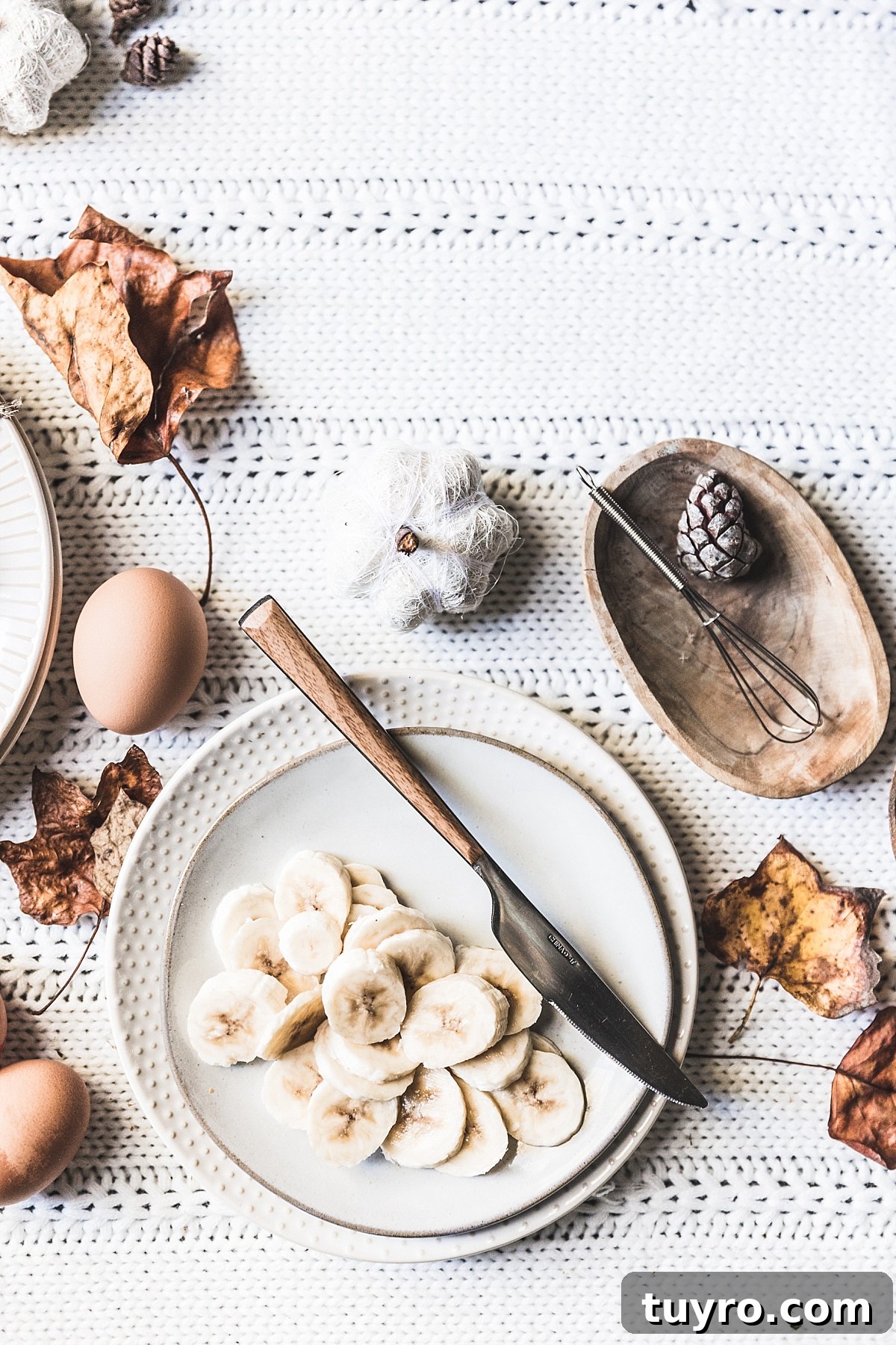 2-Ingredient Banana Pancakes: Egg & Banana Recipe 5 overhead shot of creamy textured blanket styled with autumn pumpkins, leaves, and