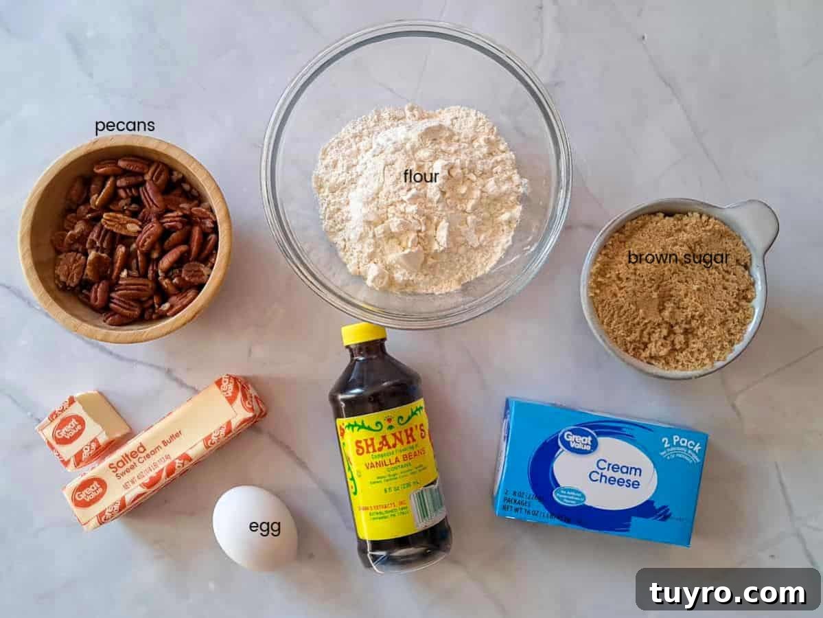 Ingredients: flour, brown sugar, pecans, egg, butter, vanilla, and cream cheese.