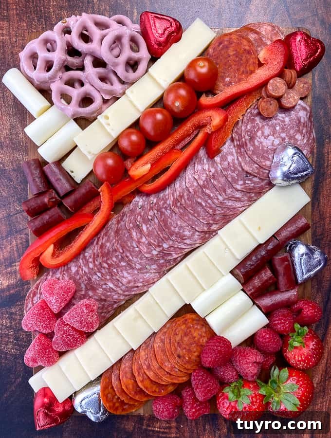 Simple Charcuterie Board Guide: Build a Beautiful Snack Platter 2 Salami, pepperoni and beef sticks with cheese, fruit, tomatoes and candy on a simple charcuterie board