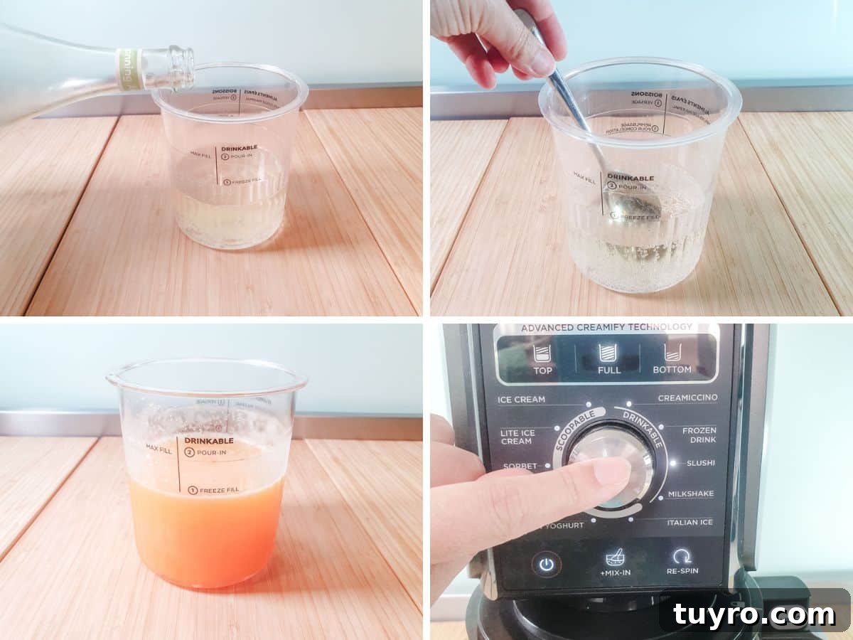 Process shots: flattening prosecco, adding orange juice, spinning on slushy.
