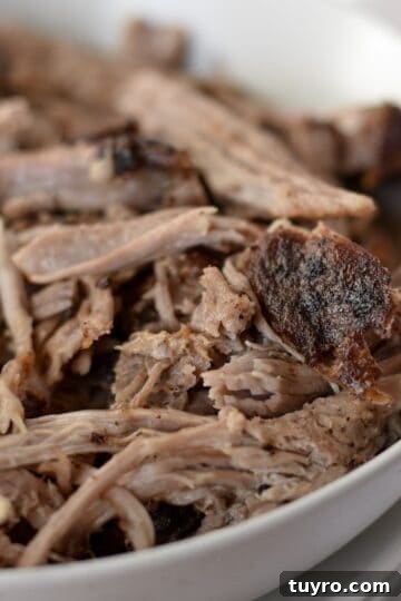 Juicy shredded air fryer pulled pork in a bowl ready for topping with bbq sauce.