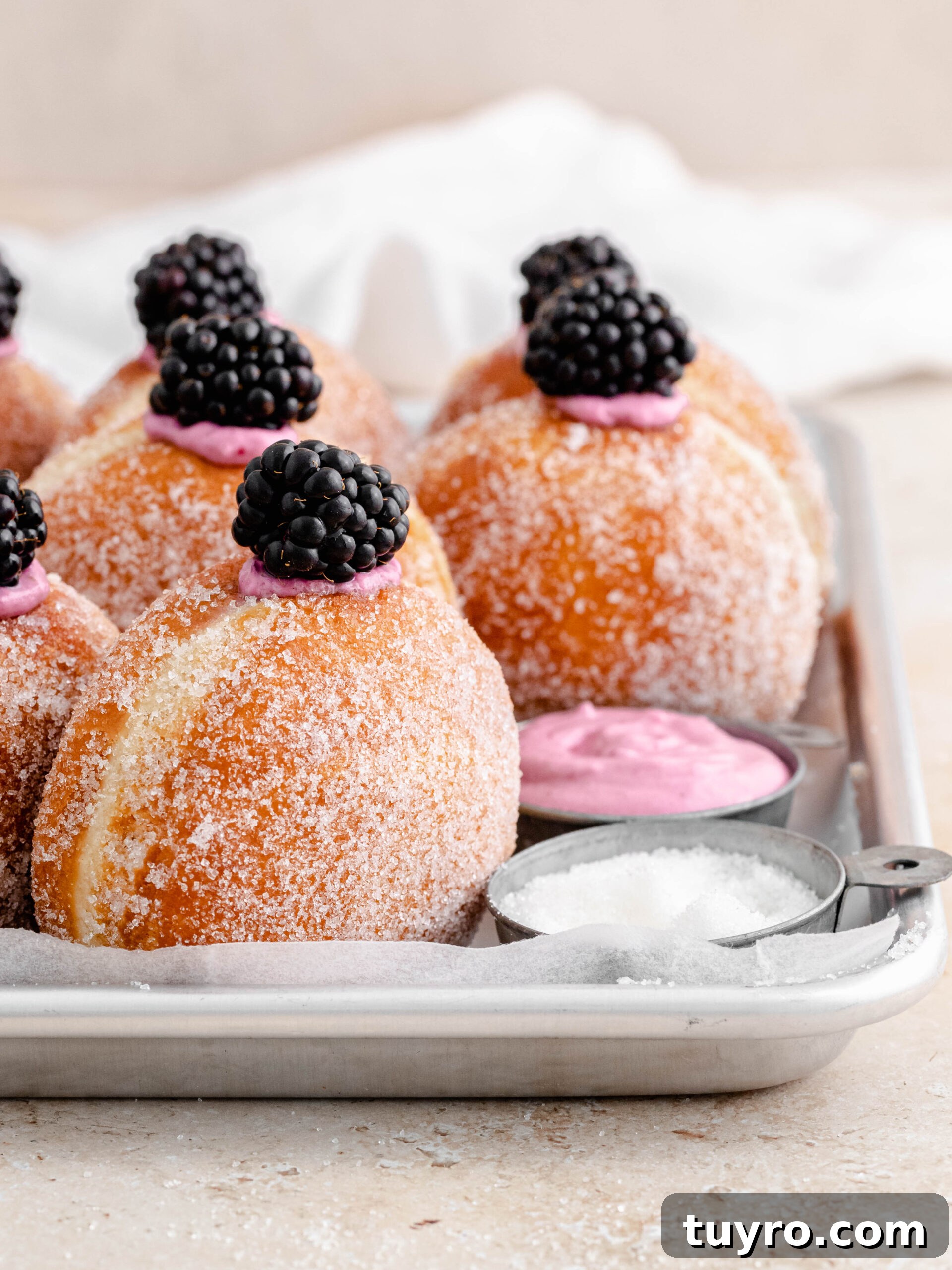 Blackberry Cheesecake Donuts with Creamy Filling 3 Filled blackberry cheesecake donuts.