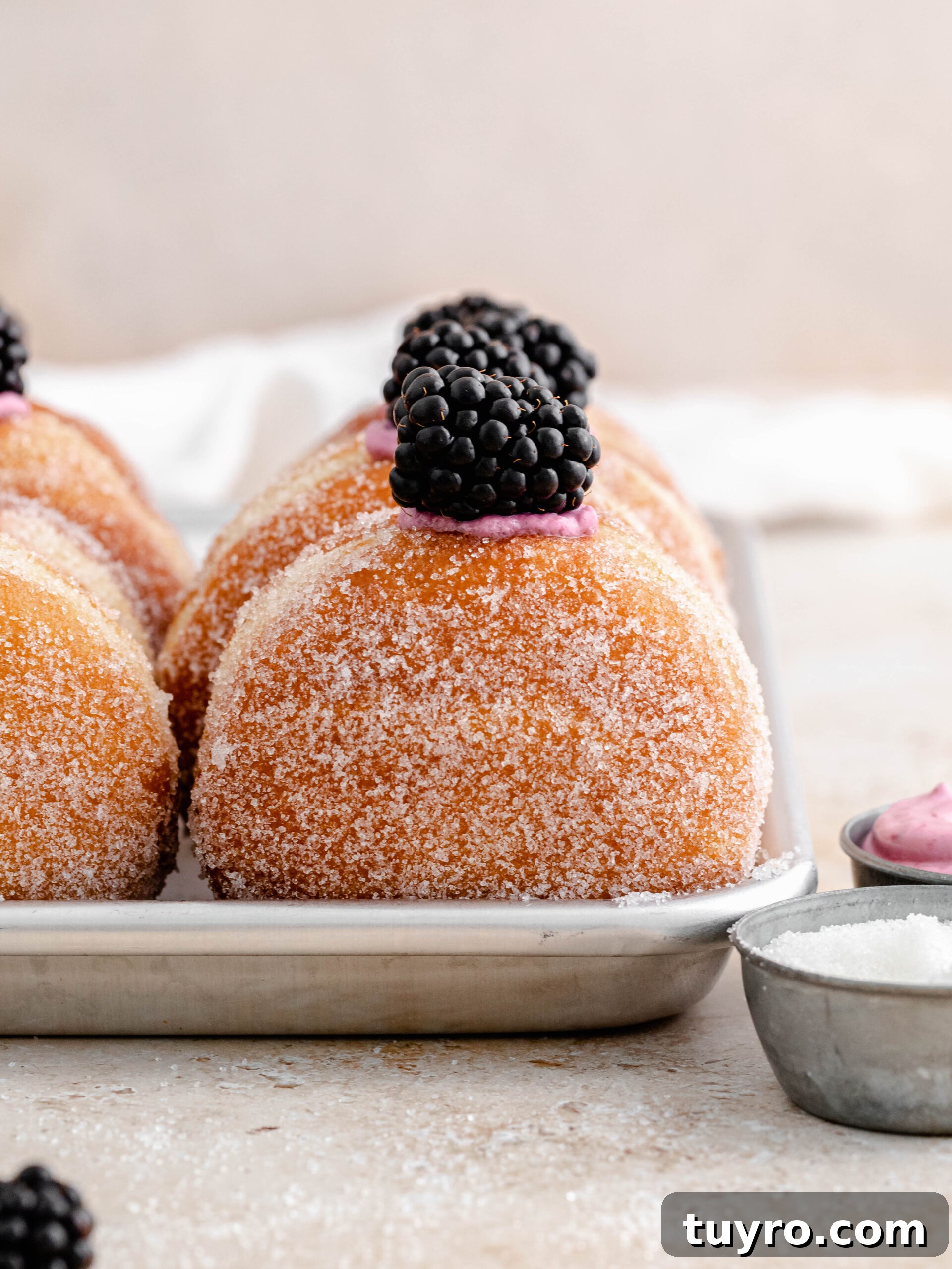 Blackberry Cheesecake Donuts with Creamy Filling 5 Cut donut dough rounds on baking paper.
