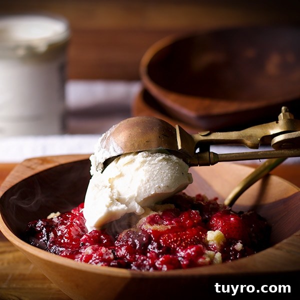 July 2022 Bake Club Challenge Recipes 2 Topping a bowl of berry cobbler with a scoop of vanilla ice cream.