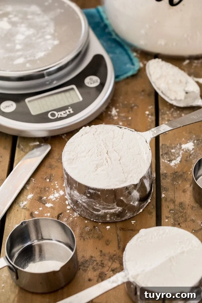 How to Measure Flour Accurately for Perfect Baking Results 2 Flour in a silver measuring cup with scale in the background
