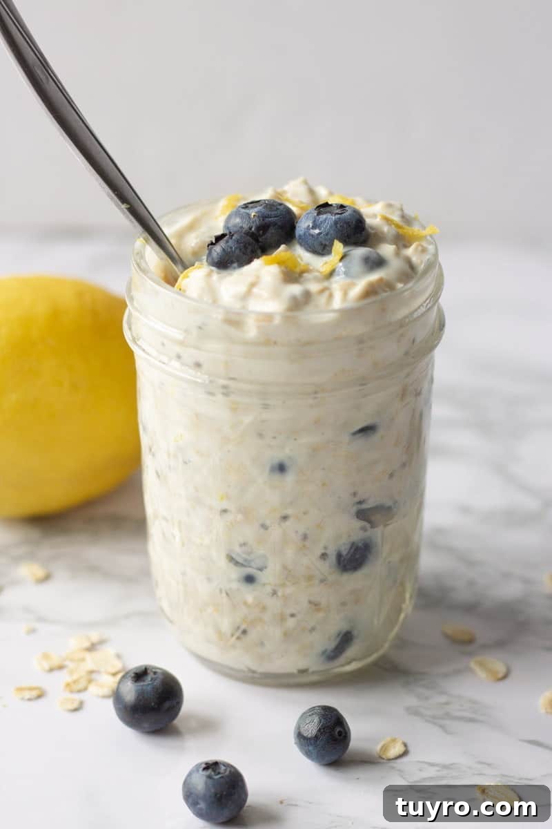 Lemon Blueberry Overnight Oats Recipe for Bright Morning Breakfast 2 Lemon Blueberry Overnight Oats in Glass Jar with Spoon