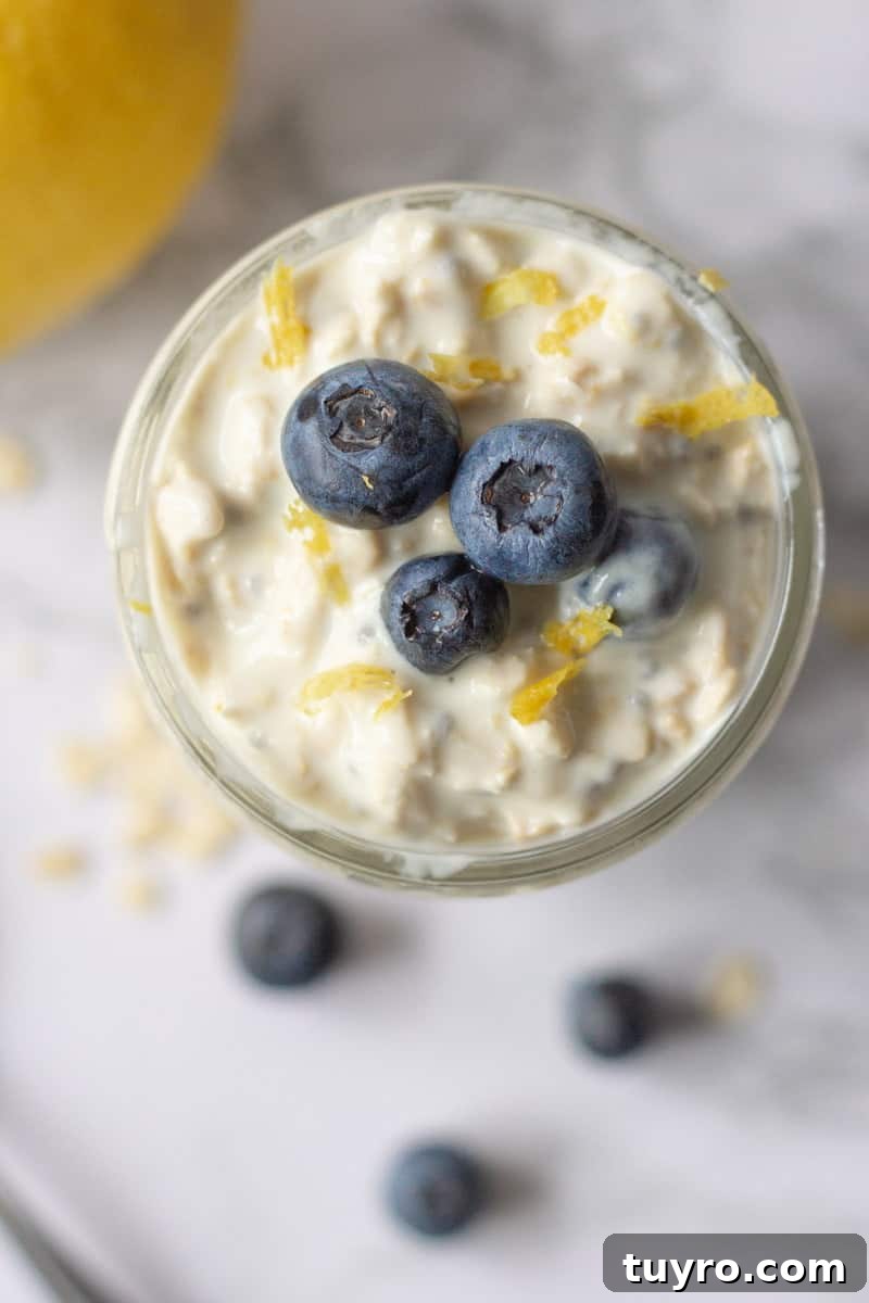 Lemon Blueberry Overnight Oats Recipe for Bright Morning Breakfast 4 Lemon Blueberry Overnight Oats Close Up Overhead