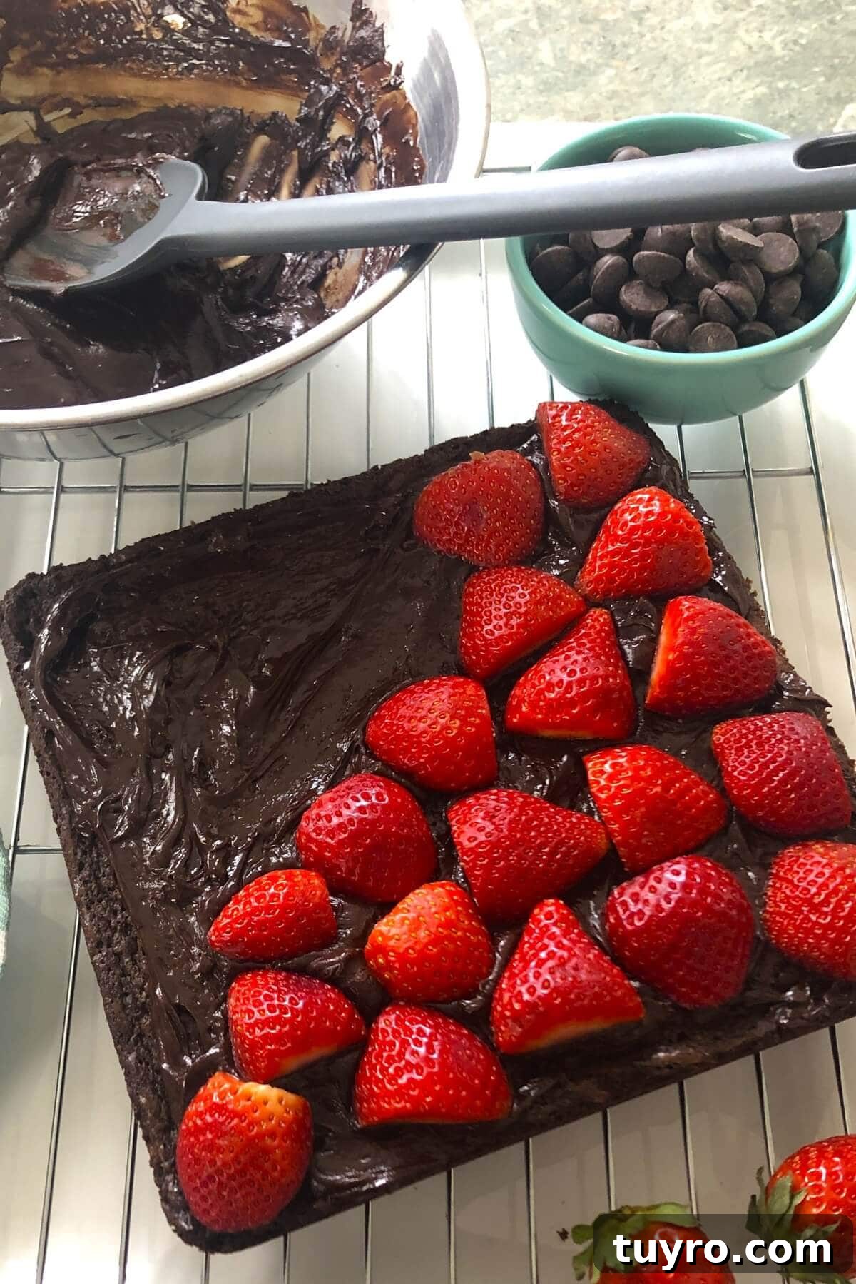 Strawberries on top of brownies.