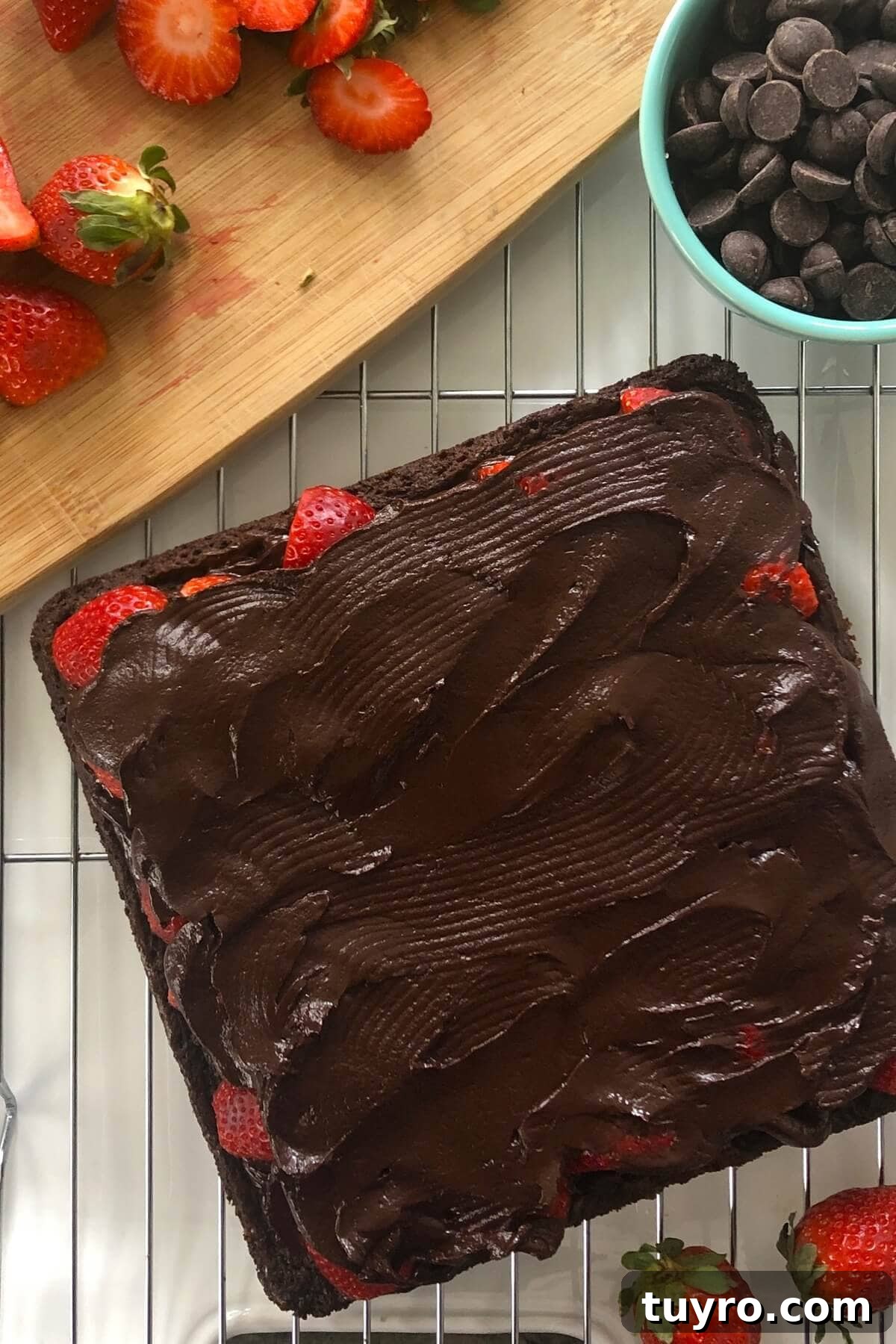 Chocolate brownies topped with strawberries and ganache.