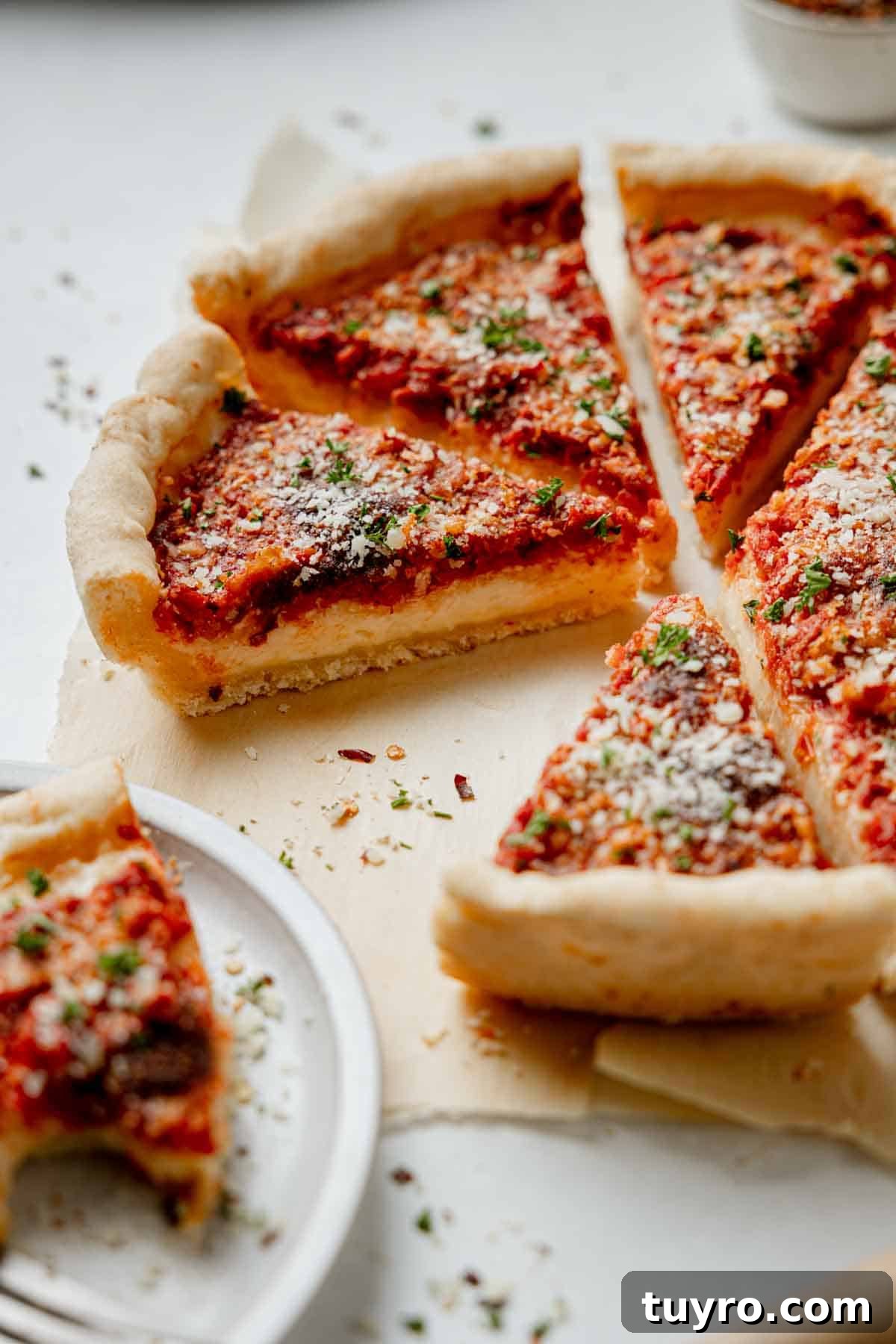 Authentic Chicago-Style Gluten-Free Deep Dish Pizza Recipe 12 Gluten free Chicago deep dish pizza with sauce on top, sliced and resting on parchment paper, sprinkled with parmesan and parsley.