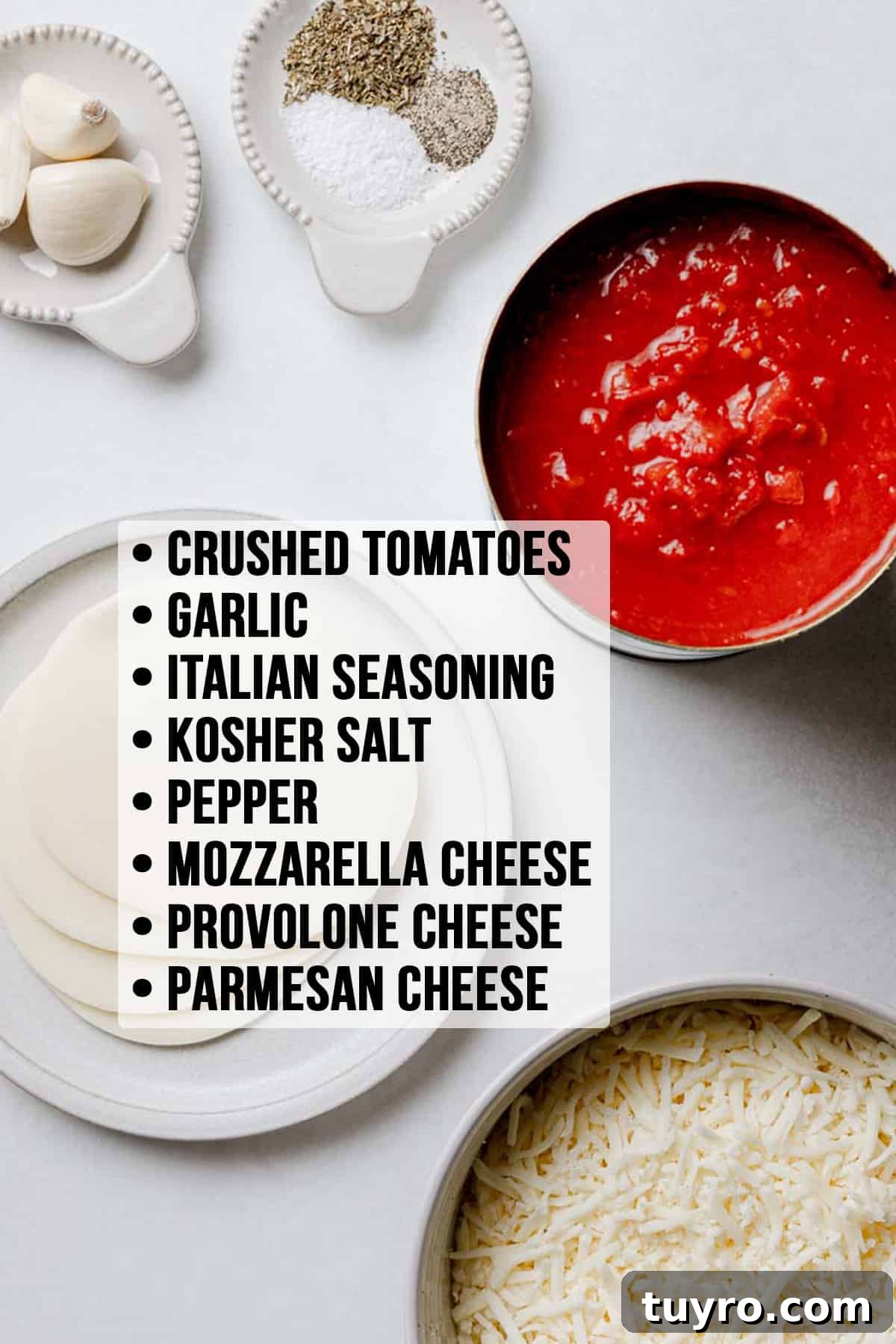 Authentic Chicago-Style Gluten-Free Deep Dish Pizza Recipe 7 Crushed tomatoes in can next to sliced and shredded cheese, garlic, and spices on white surface.
