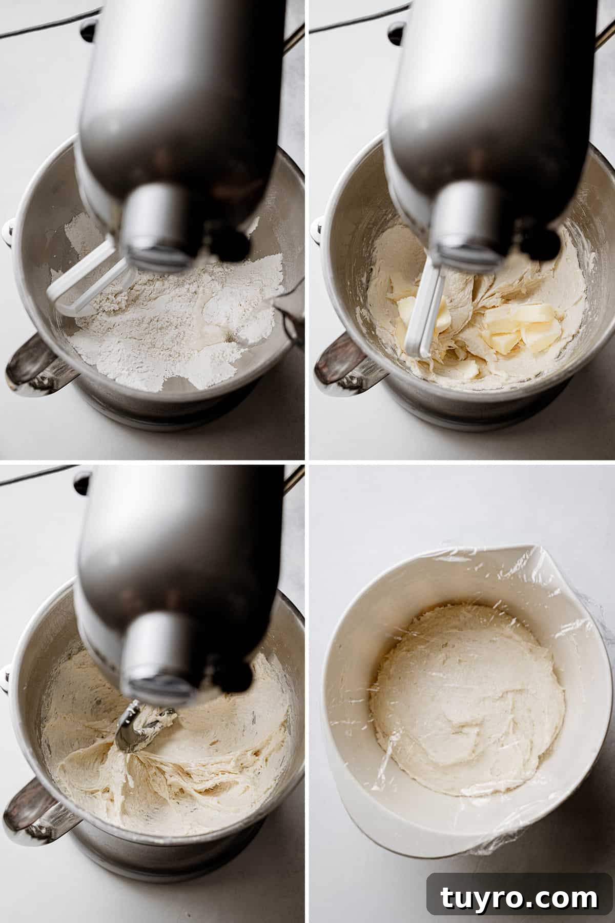 Authentic Chicago-Style Gluten-Free Deep Dish Pizza Recipe 8 Images showing the dough mixed in a kitchenmaid stand mixer, dough in bowl ready to rise.