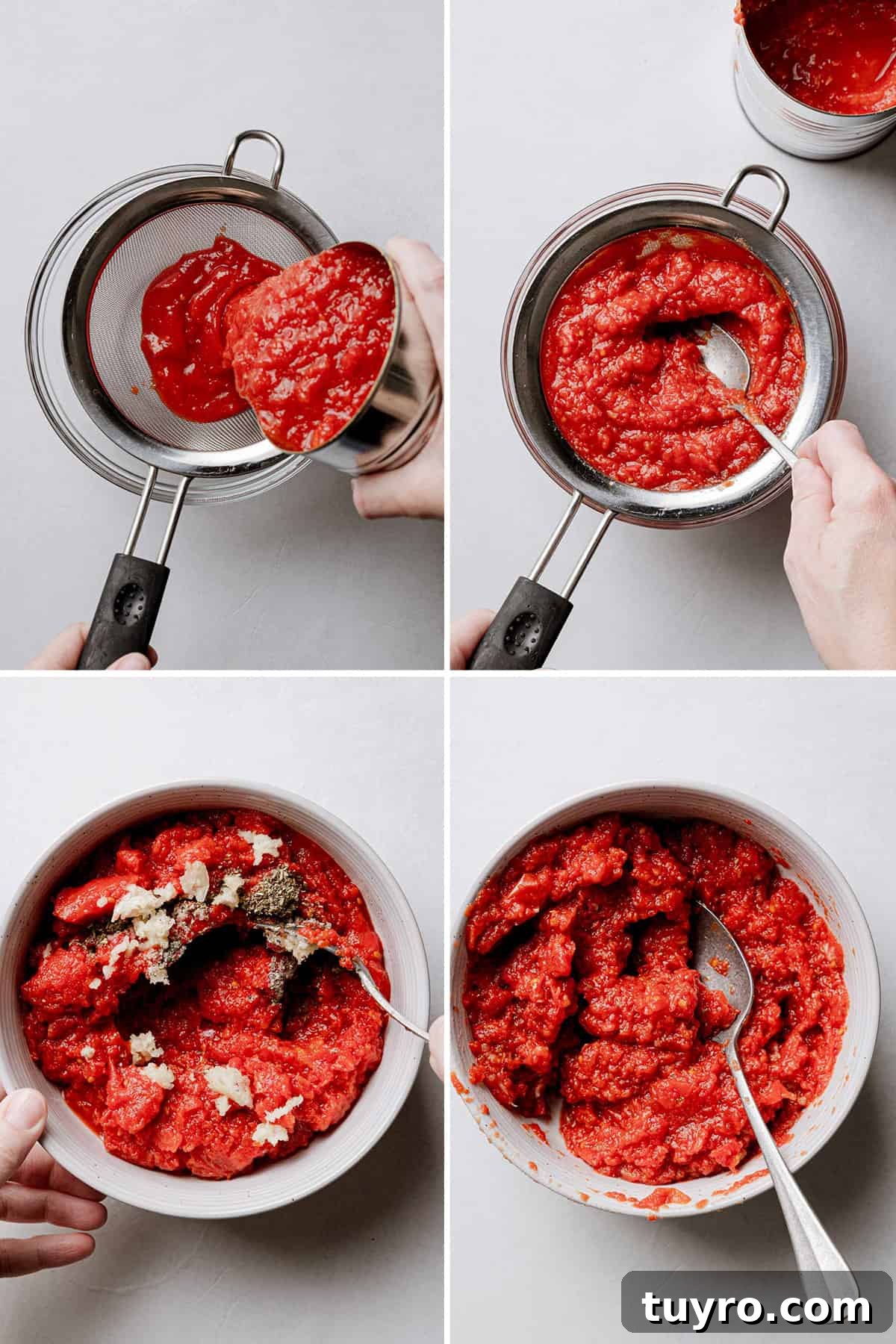 Authentic Chicago-Style Gluten-Free Deep Dish Pizza Recipe 9 Images showing tomatoes strained in mesh strainer, spoon pushing out liquid, spices stirred into the crushed tomatoes.