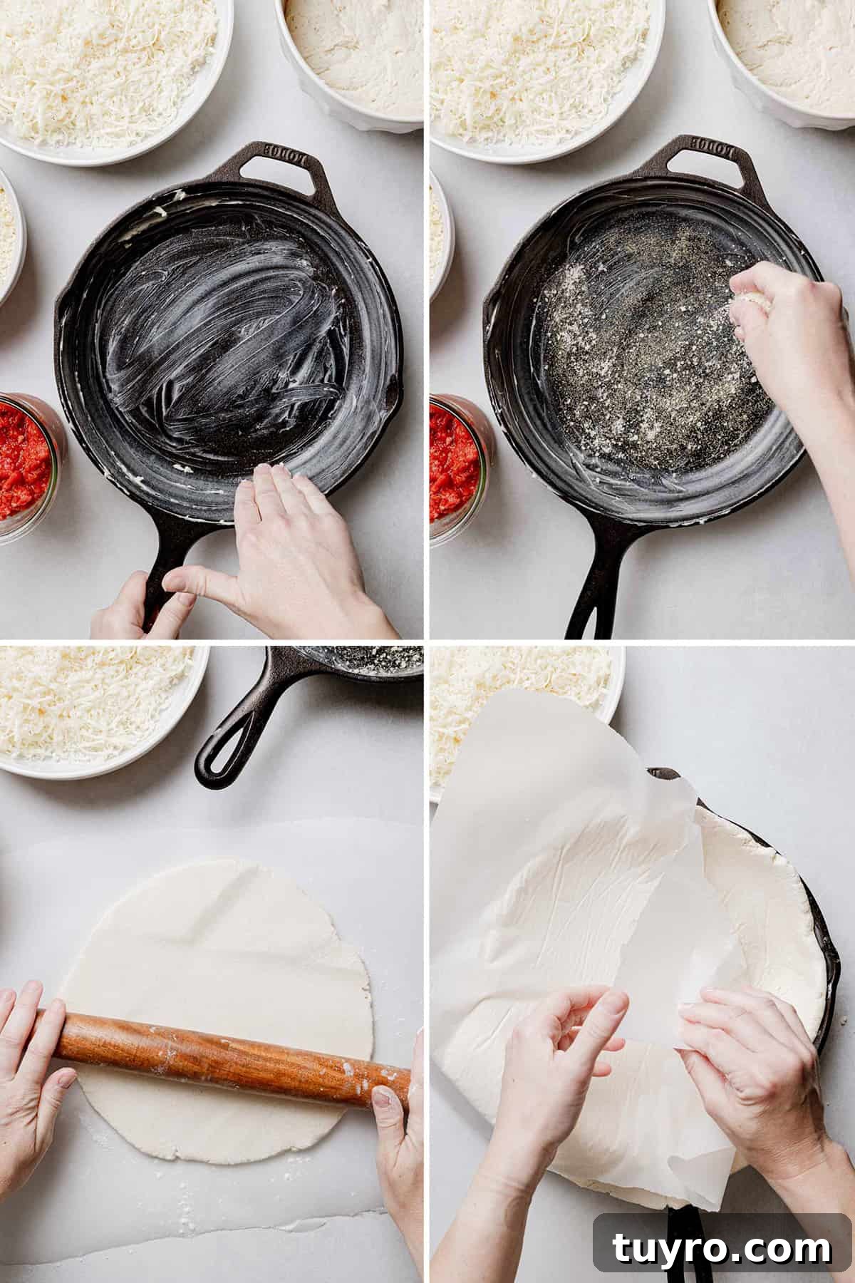 Authentic Chicago-Style Gluten-Free Deep Dish Pizza Recipe 10 Prepping the cast iron pan with butter, rolling the dough and placing in the pan.
