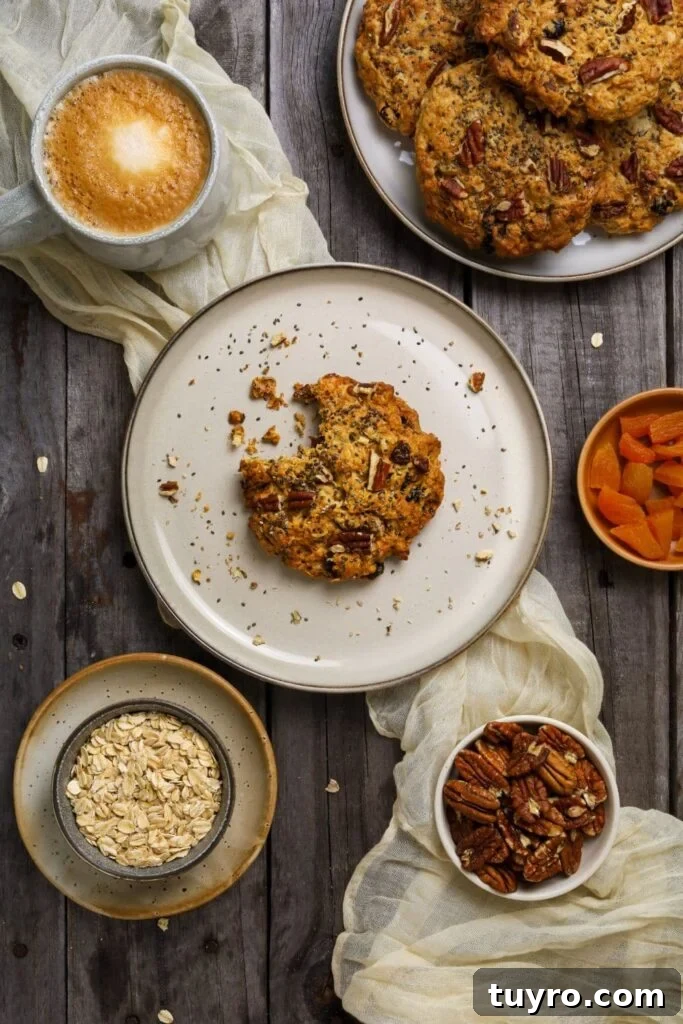 Sourdough Breakfast Cookies for Morning Coffee 2 Flat lay of a rustic breakfast scene featuring a partially eaten sourdough breakfast cookie on a beige plate, surrounded by a cup of coffee, a bowl of dried apricots, a bowl of pecans, and a bowl of rolled oats on a dark wooden surface. A plate of more cookies and a soft cream-colored cloth add texture and warmth to the setup.