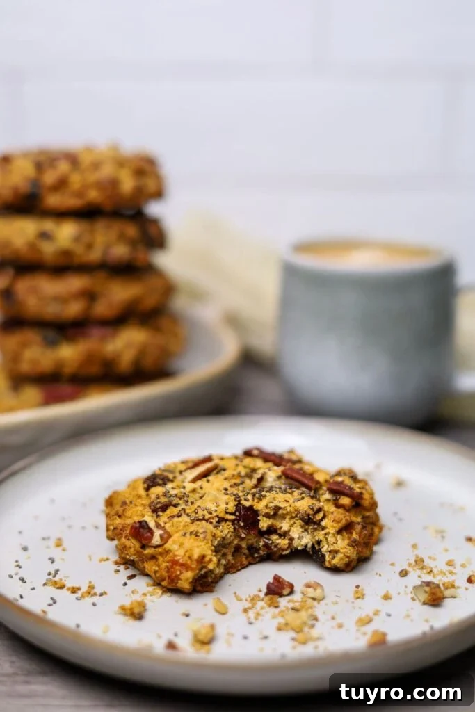 Sourdough Breakfast Cookies for Morning Coffee 3 A sourdough breakfast cookie on a beige plate with a bite taken out, with a stack of cookies and a mug of coffee in the background.