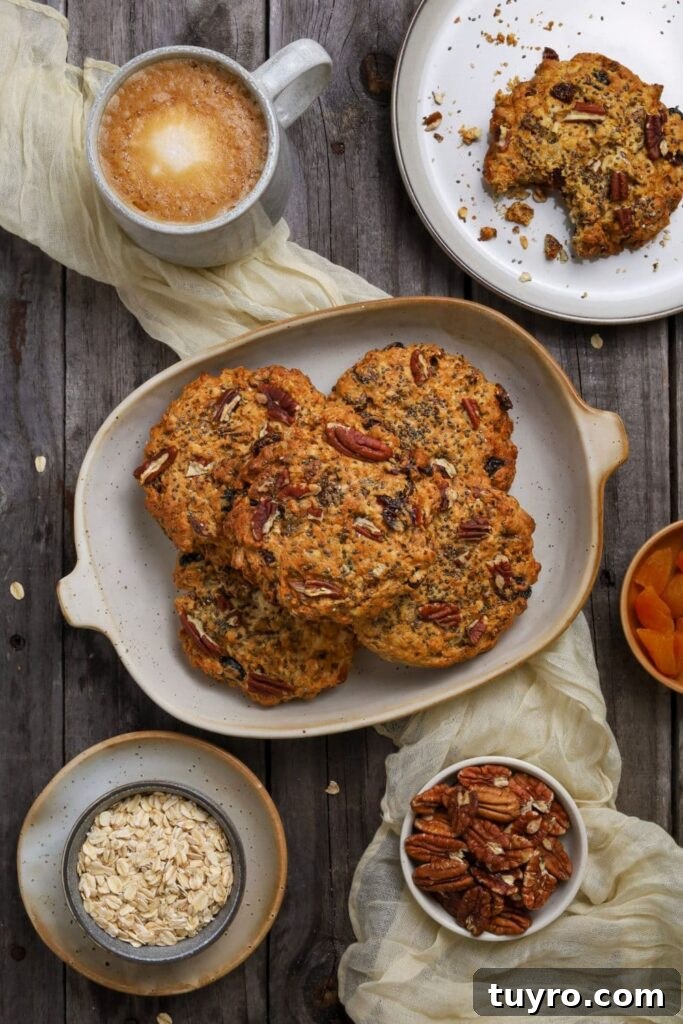 Sourdough Breakfast Cookies for Morning Coffee 4 Flat lay of a platter of sourdough breakfast cookies surrounded by coffee and ingredients.