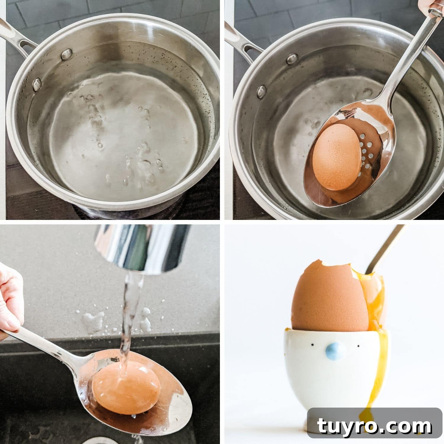 How to Make Creamy Soft-Boiled Eggs Every Time 5 Collage of photos showing how to make a soft boiled egg on the stovetop.