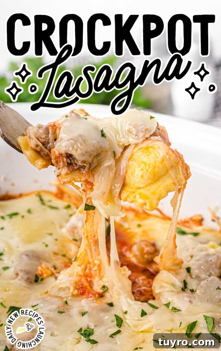 close up shot of a forkful of Crockpot Lasagna garnished with parsley over a crockpot of Crockpot Lasagna garnished with parsley