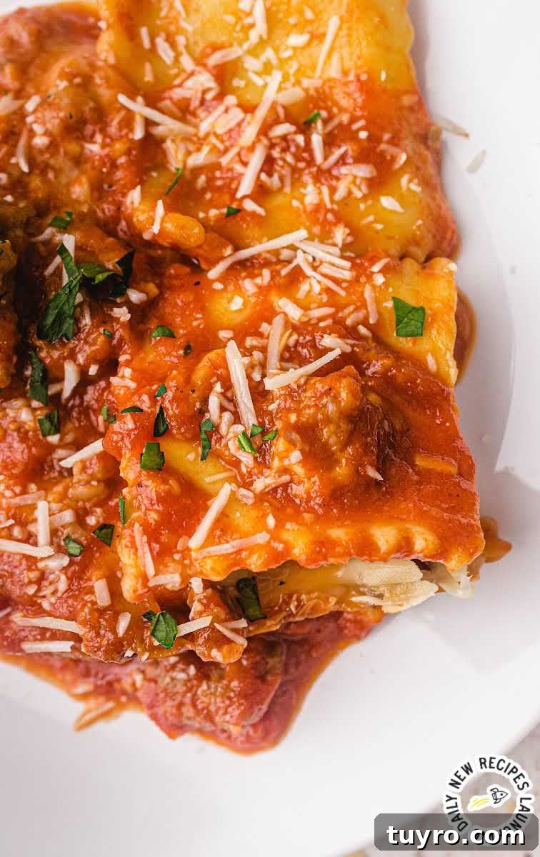 close up overhead shot of a plate of Crockpot Lasagna garnished with parsley