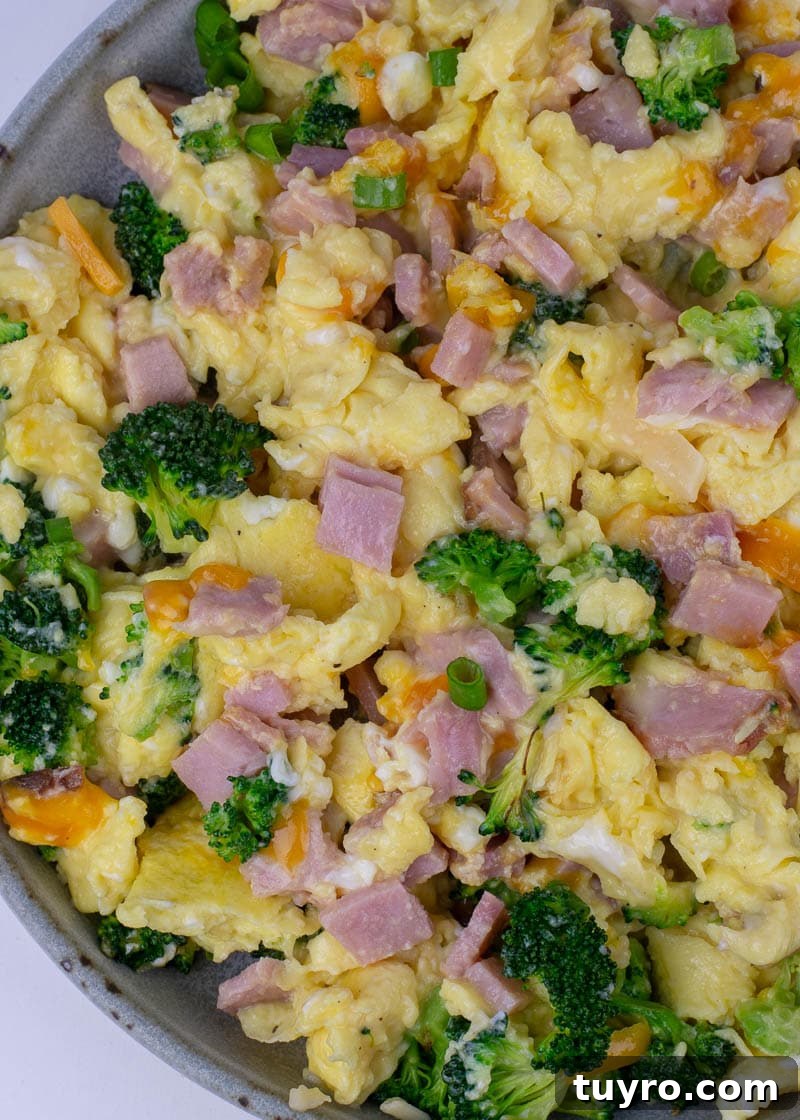 Ham, Broccoli and Cheddar Breakfast Scramble 2 Ham, Broccoli and Cheese Scramble - fluffy scrambled eggs with ham, broccoli and cheese