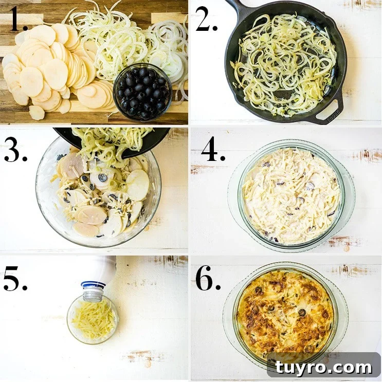 Au Gratin Potatoes with Fennel and California Ripe Olives 5 Step-by-step photo collage of Au Gratin Potato Recipe