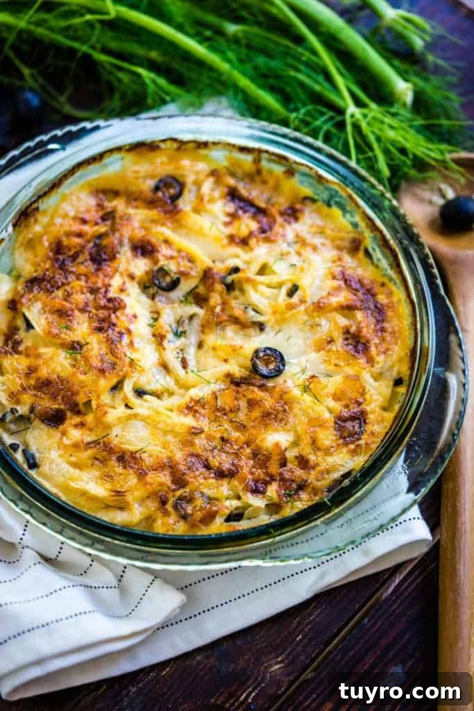 Au Gratin Potatoes with Fennel and California Ripe Olives 6 A Potato Au Gratin Recipe Baked in a glass pie dish