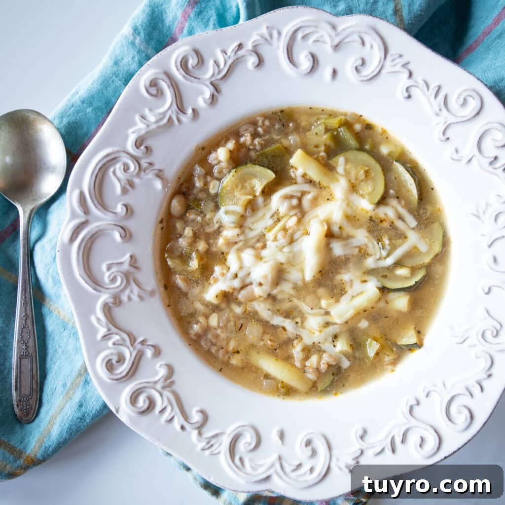 A bowl of summer vegetable soup topped with grated Swiss cheese on a tea towel with a spoon.