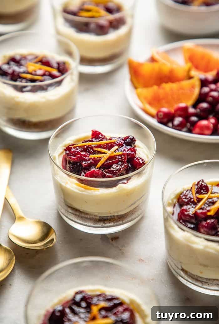 Mini No-Bake Cranberry Cheesecakes with Gingersnap Crust 2 Cranberry cheesecakes topped with cranberry sauce and orange zest on a marble counter