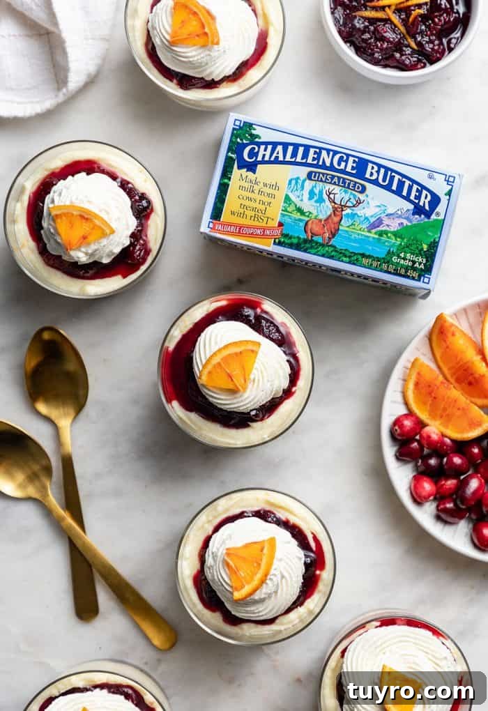 Mini No-Bake Cranberry Cheesecakes with Gingersnap Crust 3 Overhead view of five mini cranberry cheesecakes topped with whipped cream and an orange slice on a marble counter