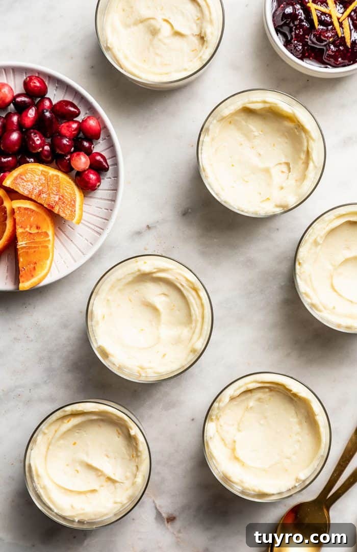 Mini No-Bake Cranberry Cheesecakes with Gingersnap Crust 8 Mini no-bake cheesecakes on a marble counter