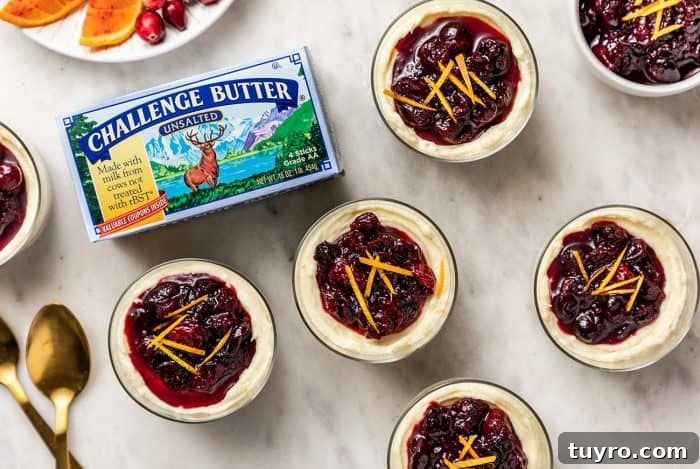 Mini No-Bake Cranberry Cheesecakes with Gingersnap Crust 10 Mini cranberry cheesecakes topped with cranberry sauce on a marble counter next to a package of butter