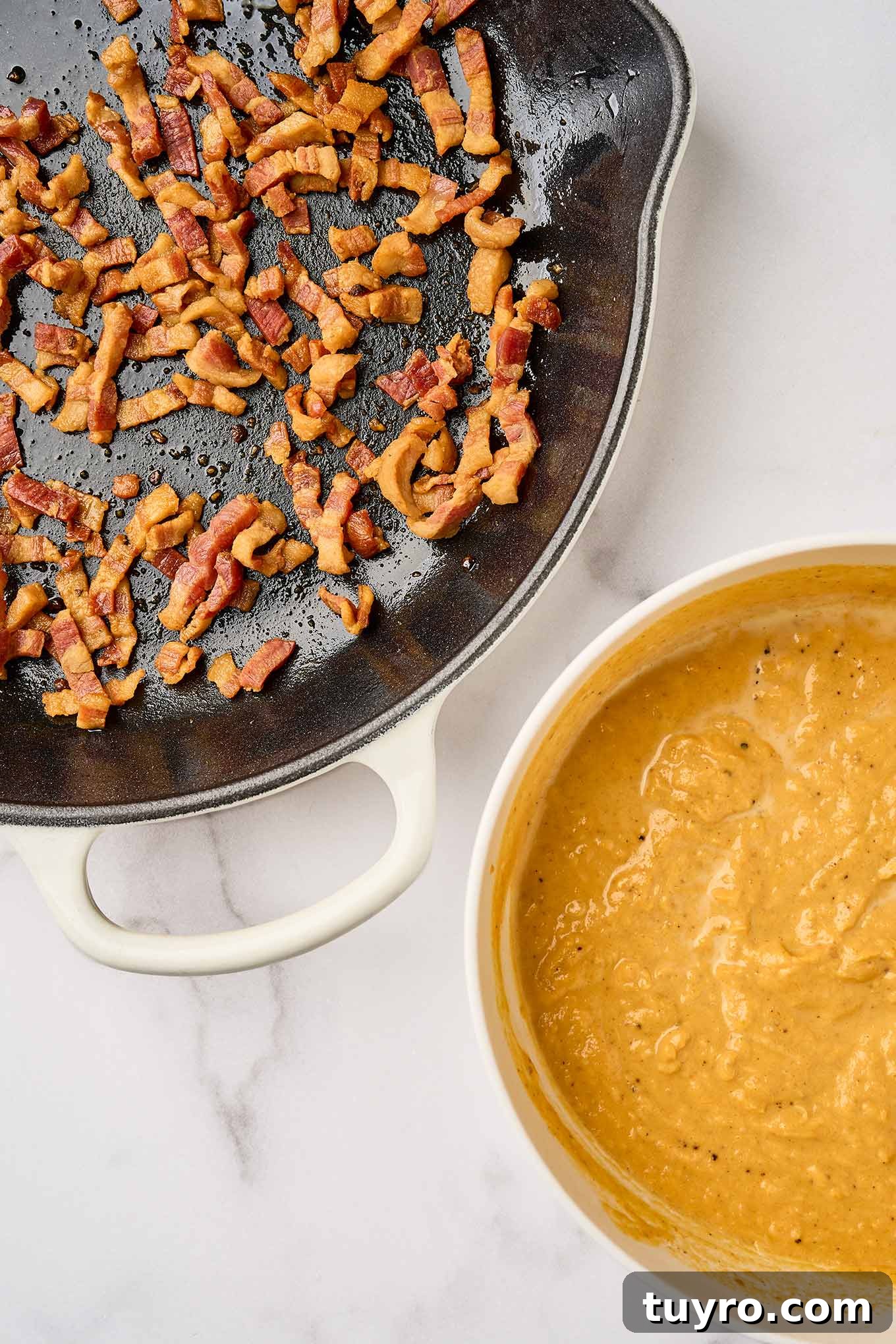 Creamy Pumpkin Pasta with Crispy Pancetta and Parmesan 4 First steps in making creamy pumpkin pasta; crispy fried pancetta in a cast iron skillet, pumpkin puree, half-and-half, and nutmeg in a mixing bowl.