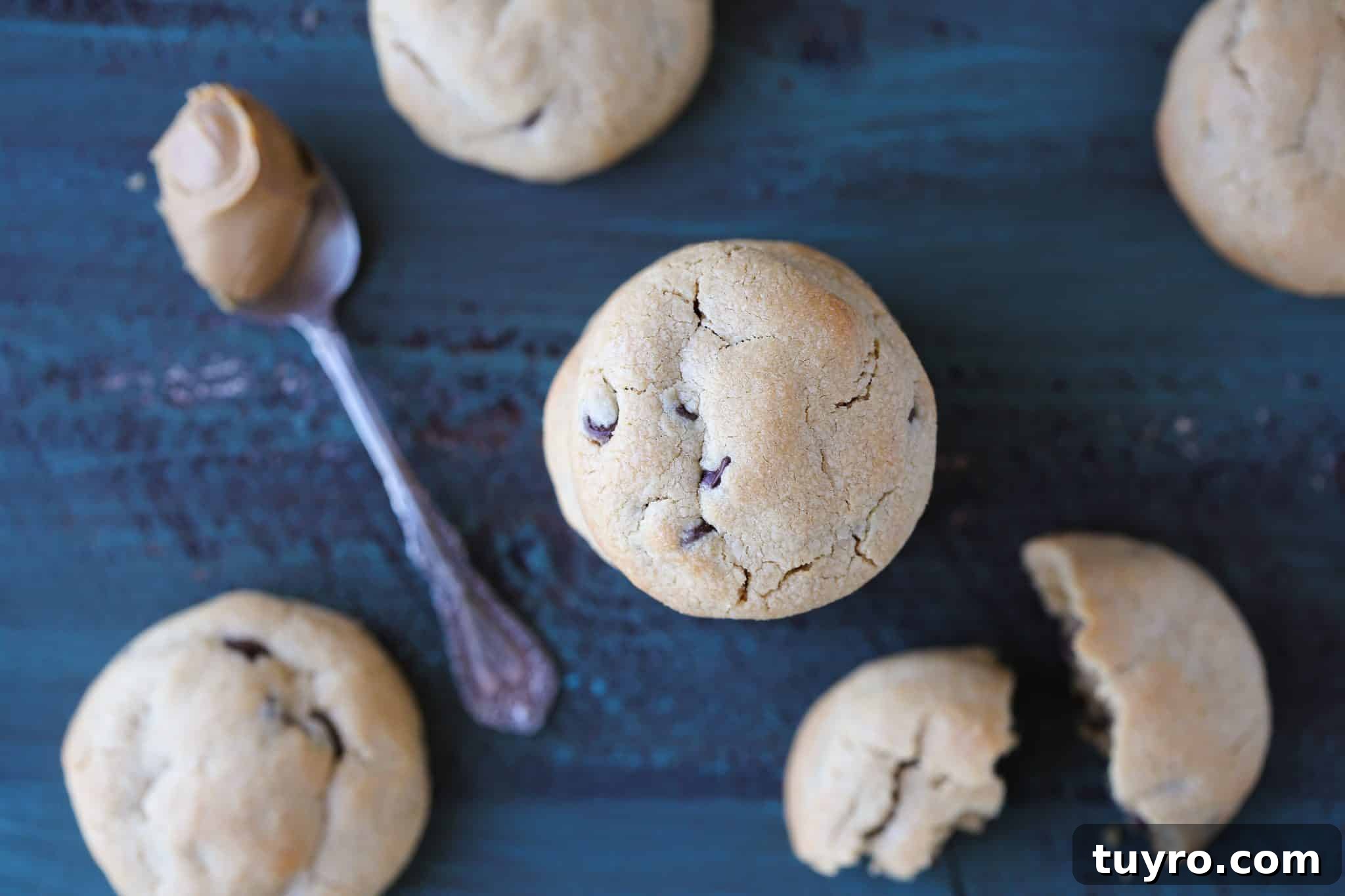 Chewy Peanut Butter Chocolate Chip Cookies Recipe 4 A group of peanut butter chocolate chip cookies on a blue background.