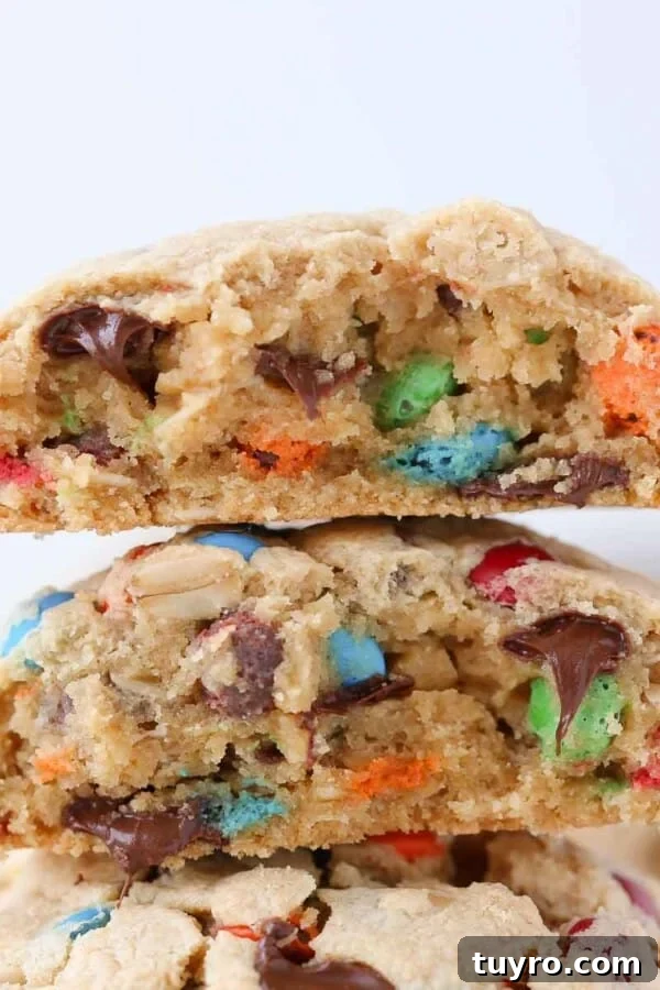 Chewy Peanut Butter Chocolate Chip Cookies Recipe 7 A close-up of a thick monster cookie.