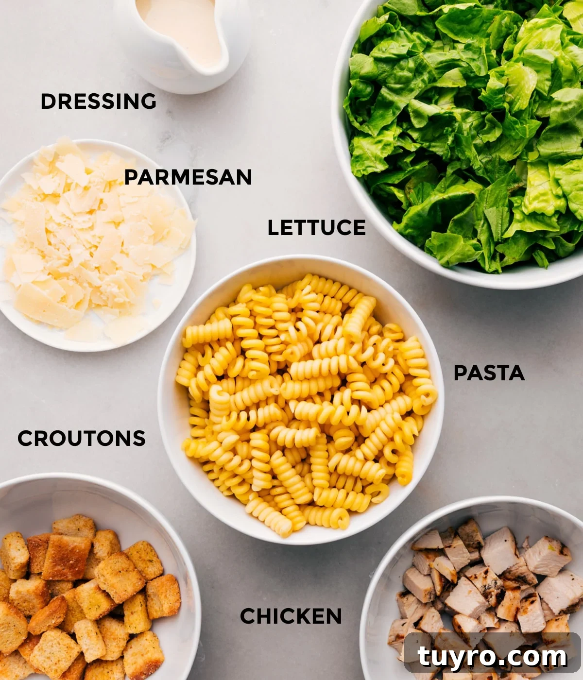 Ingredients In Chicken Caesar Pasta Salad All the ingredients for this recipe prepped and ready for easy assembly, including the dressing, parmesan, lettuce, pasta, chicken, and croutons.