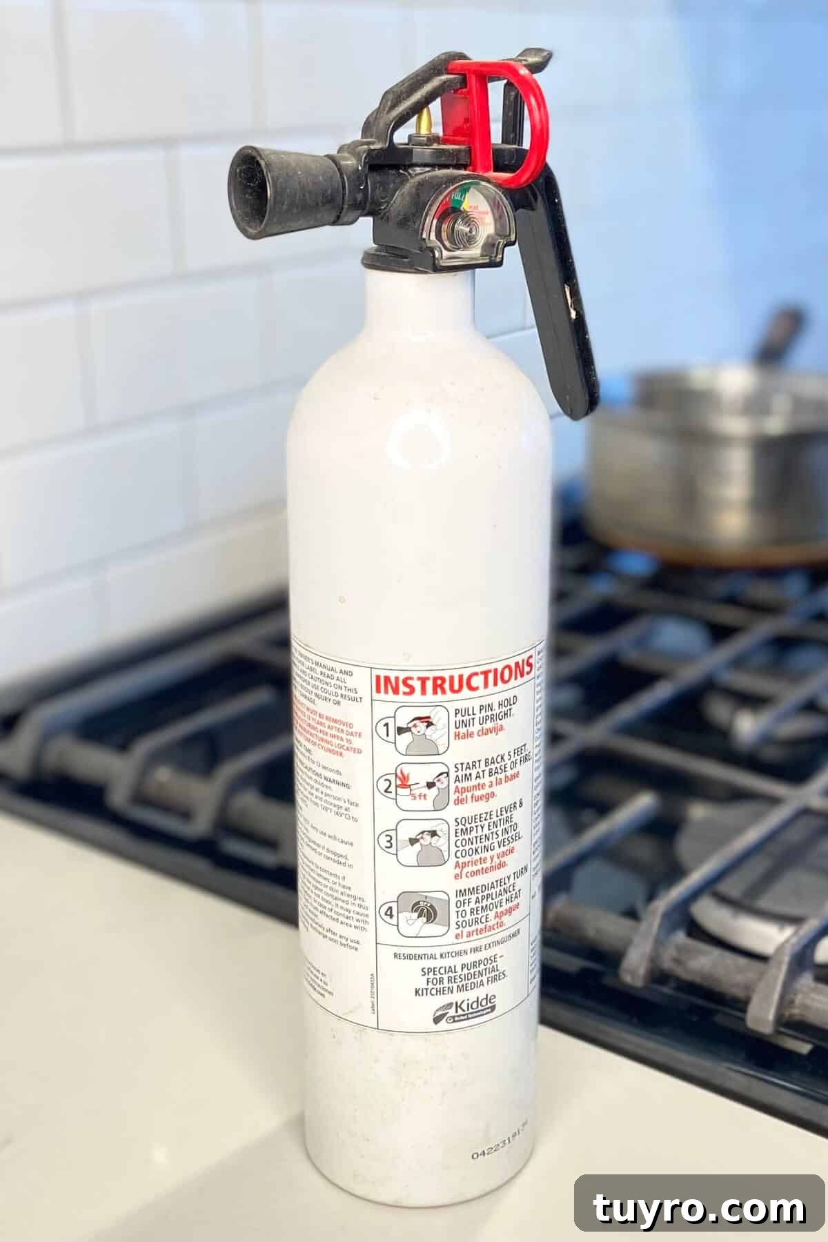 Cinnamon Roll Donuts: Soft Swirls with Cream Cheese Glaze 12 Fire extinguisher for safety.
